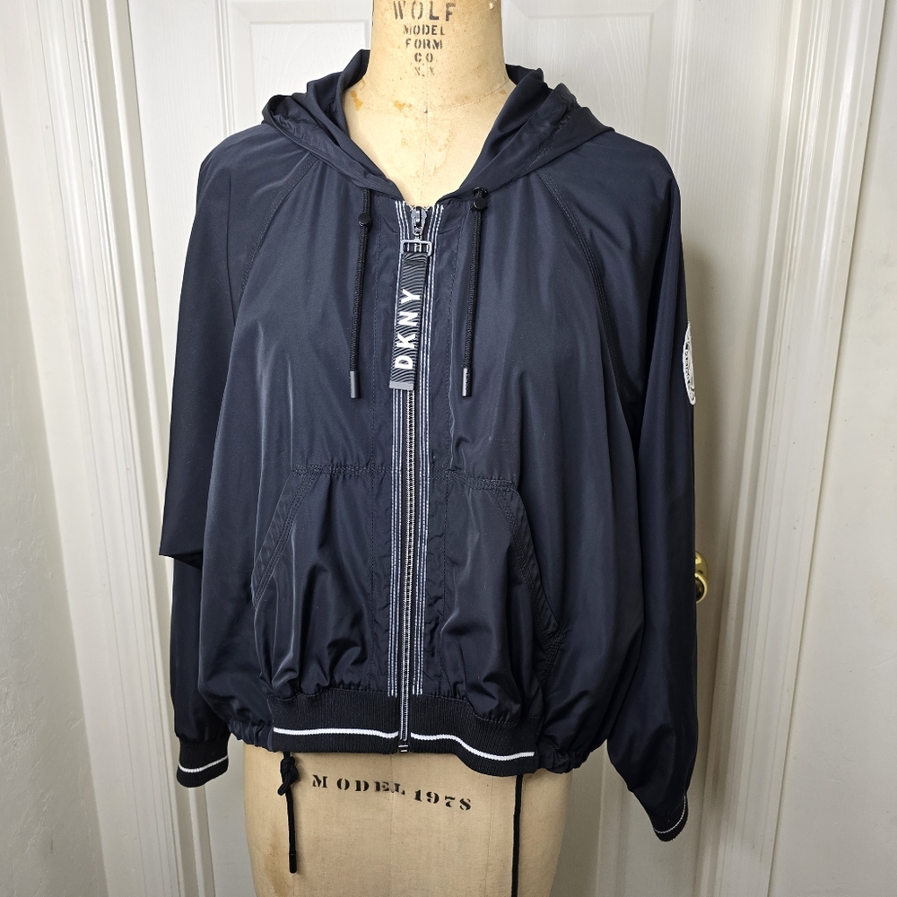 DKNY Black womans zip front‎ Hooded Jacket windbreaker L